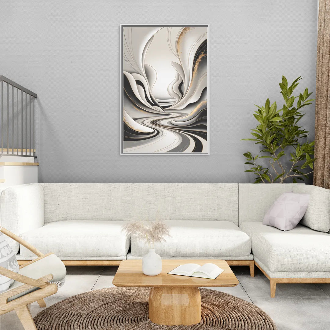 Ethereal Fluidity White Abstract - Living Room White Frame Canvas