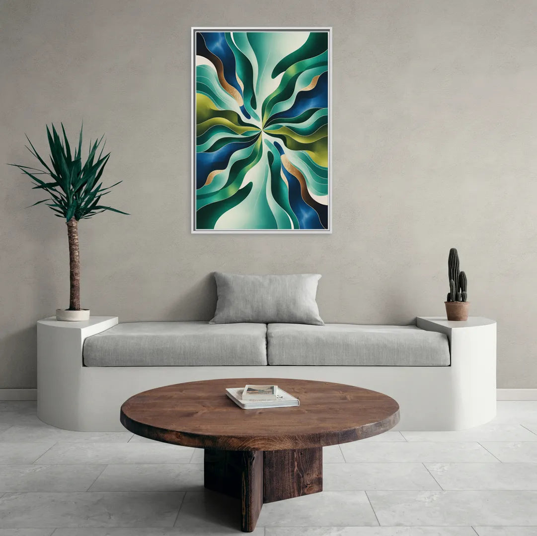 Ethereal Harmony Blue and Green Abstract - Living Room White Frame Canvas
