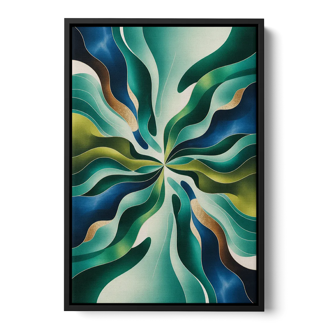 Ethereal Harmony Blue and Green Abstract - Black Frame Canvas