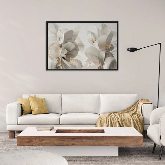 Ethereal Interplay White Abstract - Living Room Black Frame Canvas