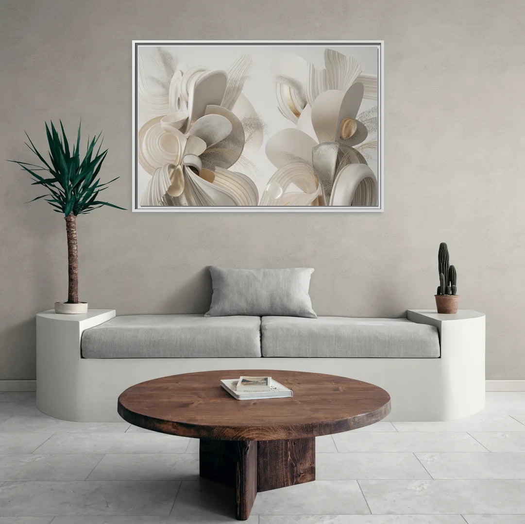 Ethereal Interplay White Abstract - Living Room White Frame Canvas