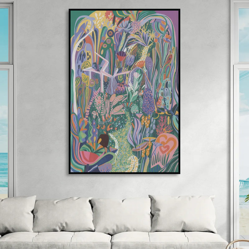 Ethereal Jewel Garden Colorful Abstract Living Room - Black Canvas Wall Art