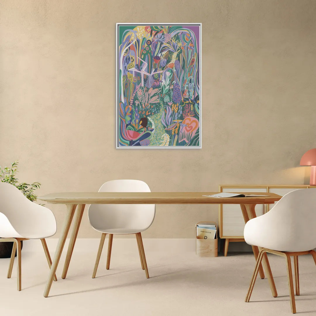 Ethereal Jewel Garden Colorful Abstract - Living Room White Frame Canvas