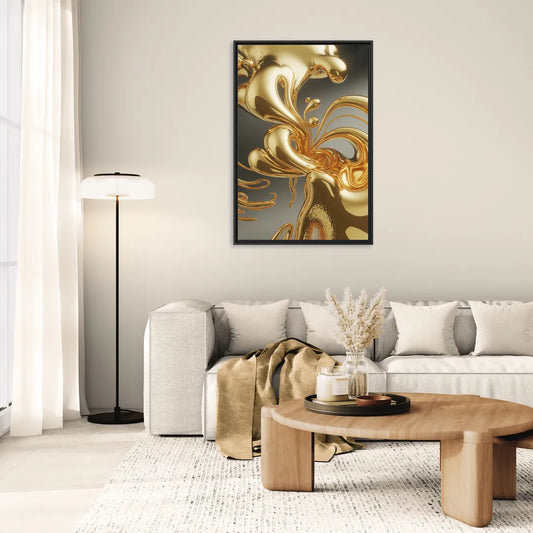 Ethereal Liquid Gold Abstract - Living Room Black Frame Canvas