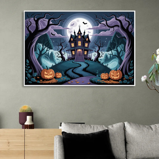 Ethereal Mansion Enchantment Halloween Living Room - White Canvas Wall Art