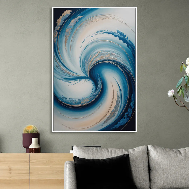 Ethereal Swirls in Blue Abstract Living Room - White Canvas Wall Art