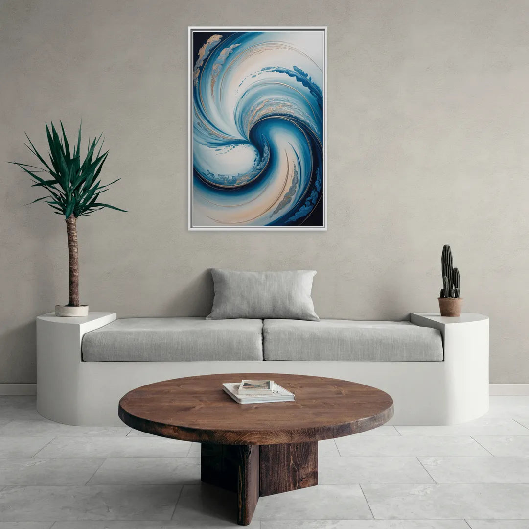 Ethereal Swirls in Blue Abstract - Living Room White Frame Canvas