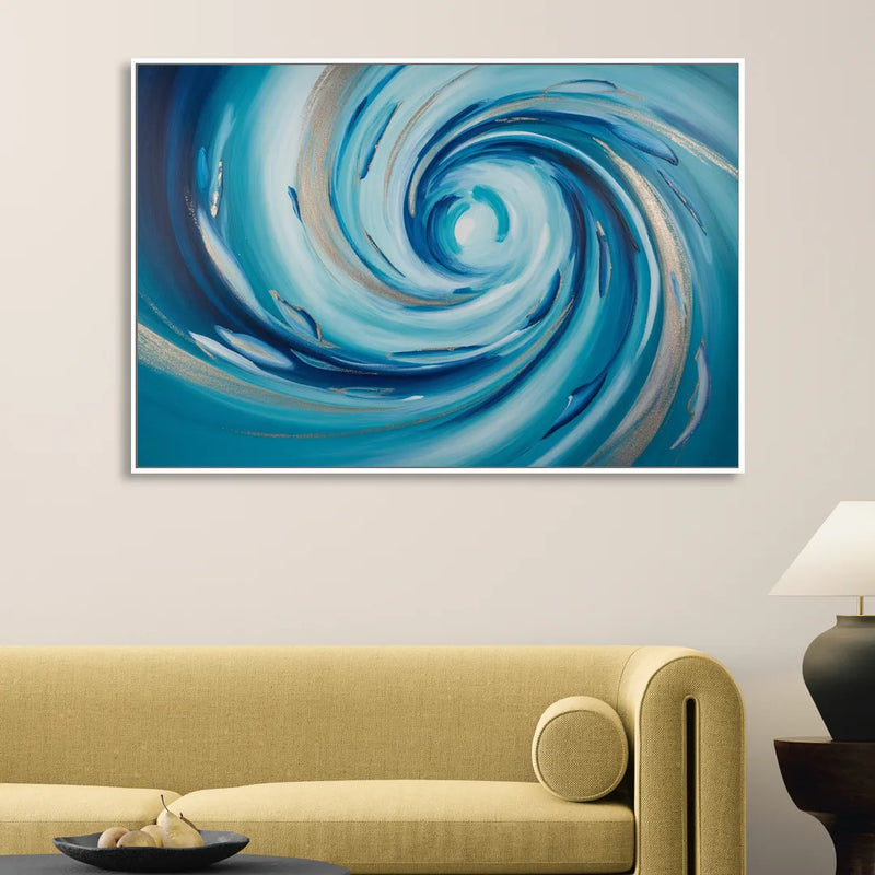 Ethereal Vortex Oceanic Blue Abstract Sitting Room - White Canvas Wall Art