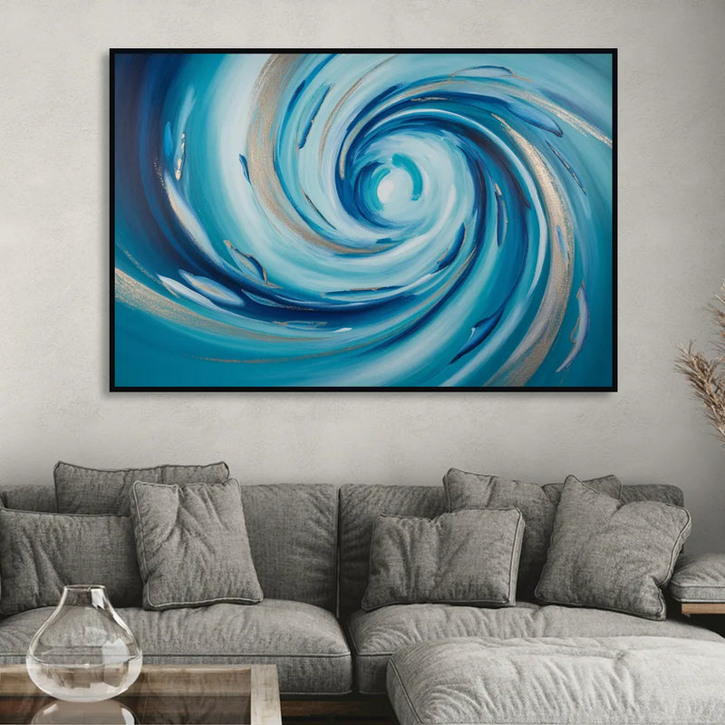 Ethereal Vortex Oceanic Blue Abstract Sitting Room - Black Canvas Wall Art