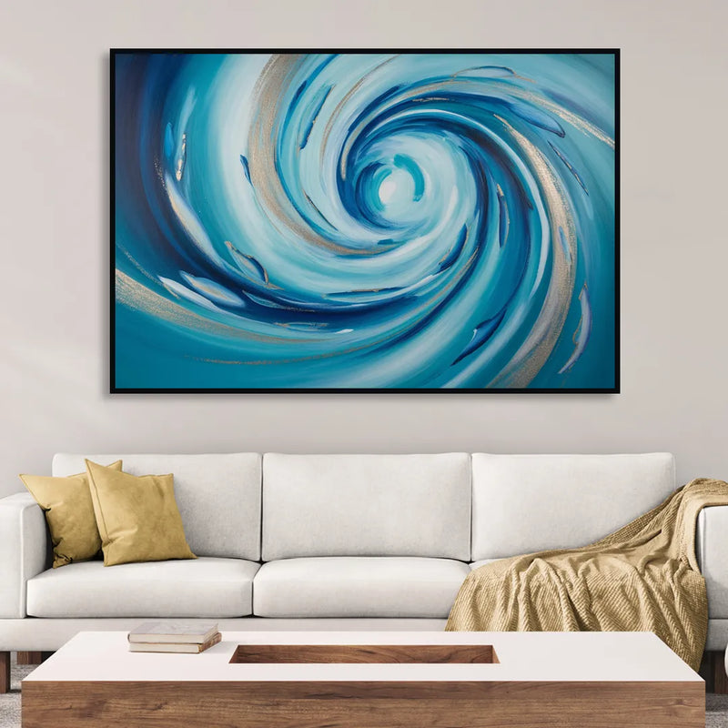 Ethereal Vortex Oceanic Blue Abstract Living Room - Black Canvas Wall Art
