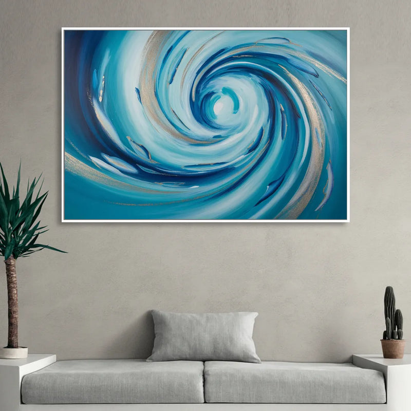 Ethereal Vortex Oceanic Blue Abstract Living Room - White Canvas Wall Art