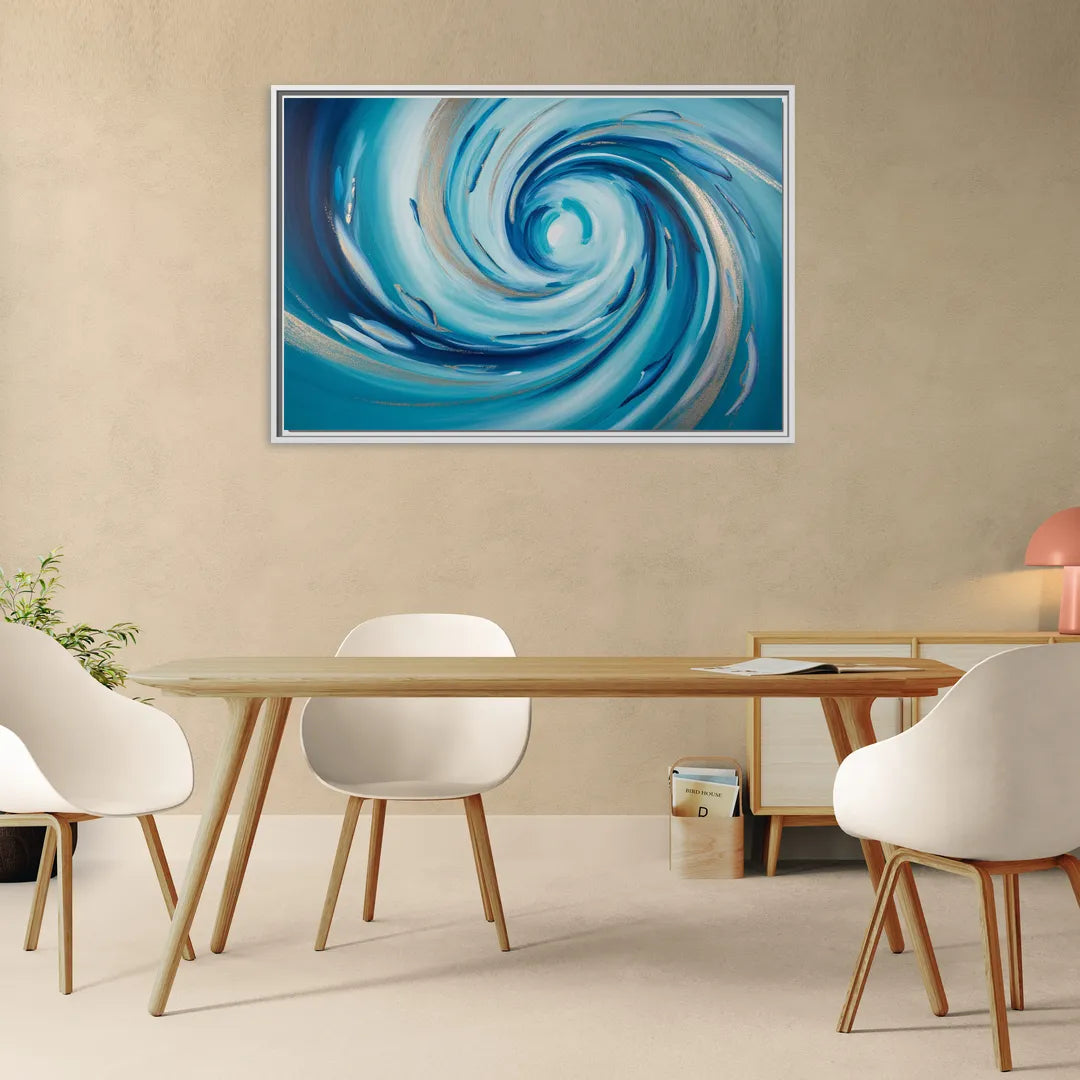 Ethereal Vortex Oceanic Blue Abstract - Living Room White Frame Canvas