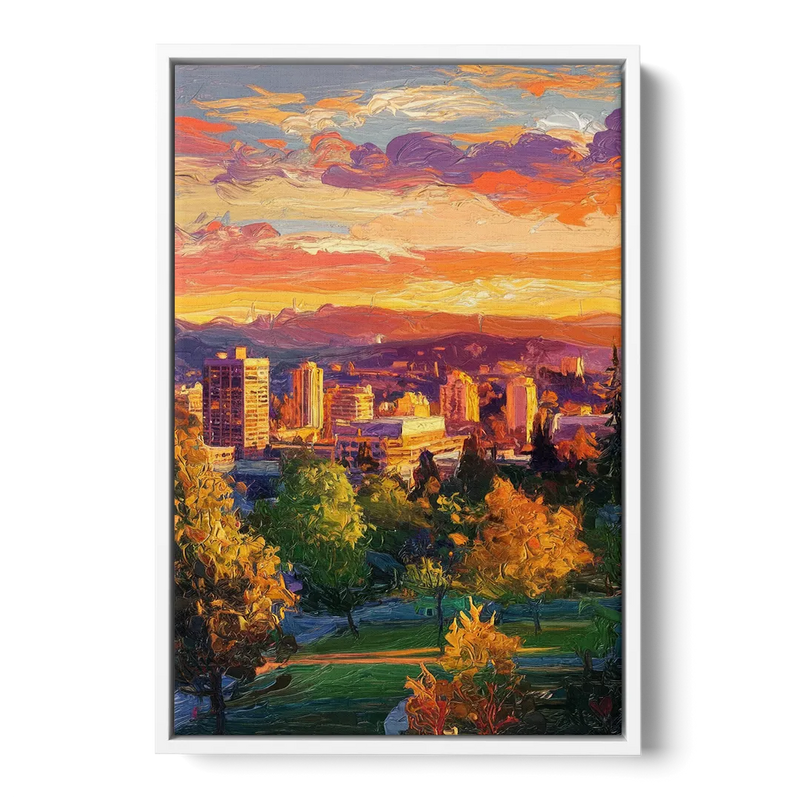 Eugene Skyline at Sunset Front - White Canvas Wall Art