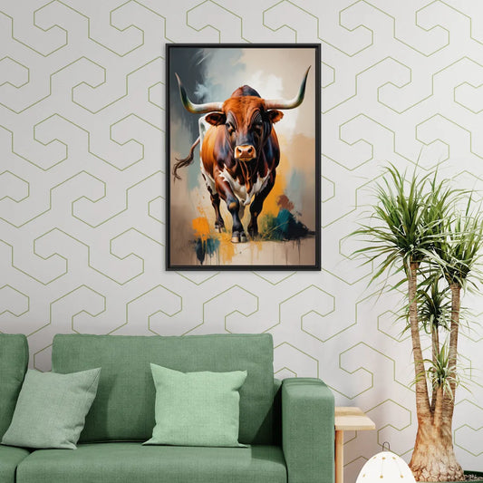 Fiery Longhorn Spirit - Living Room Black Frame Canvas