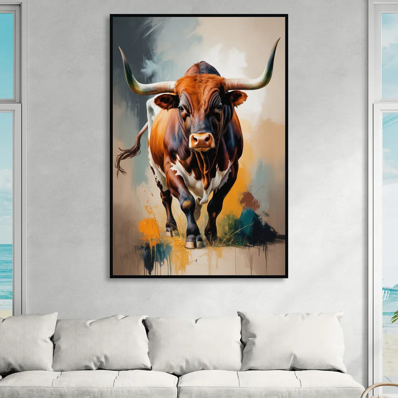 Fiery Longhorn Spirit Living Room - Black Canvas Wall Art