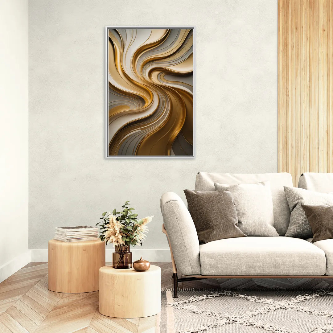 Flowing Rivers in Gold Abstract - Living Room White Frame Canvas