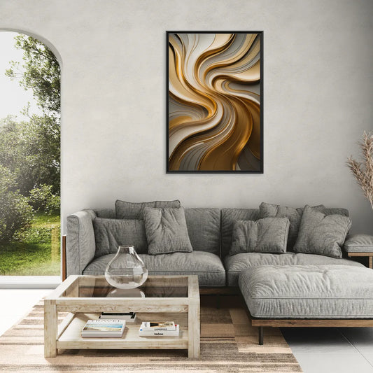 Flowing Rivers in Gold Abstract - Living Room Black Frame Canvas