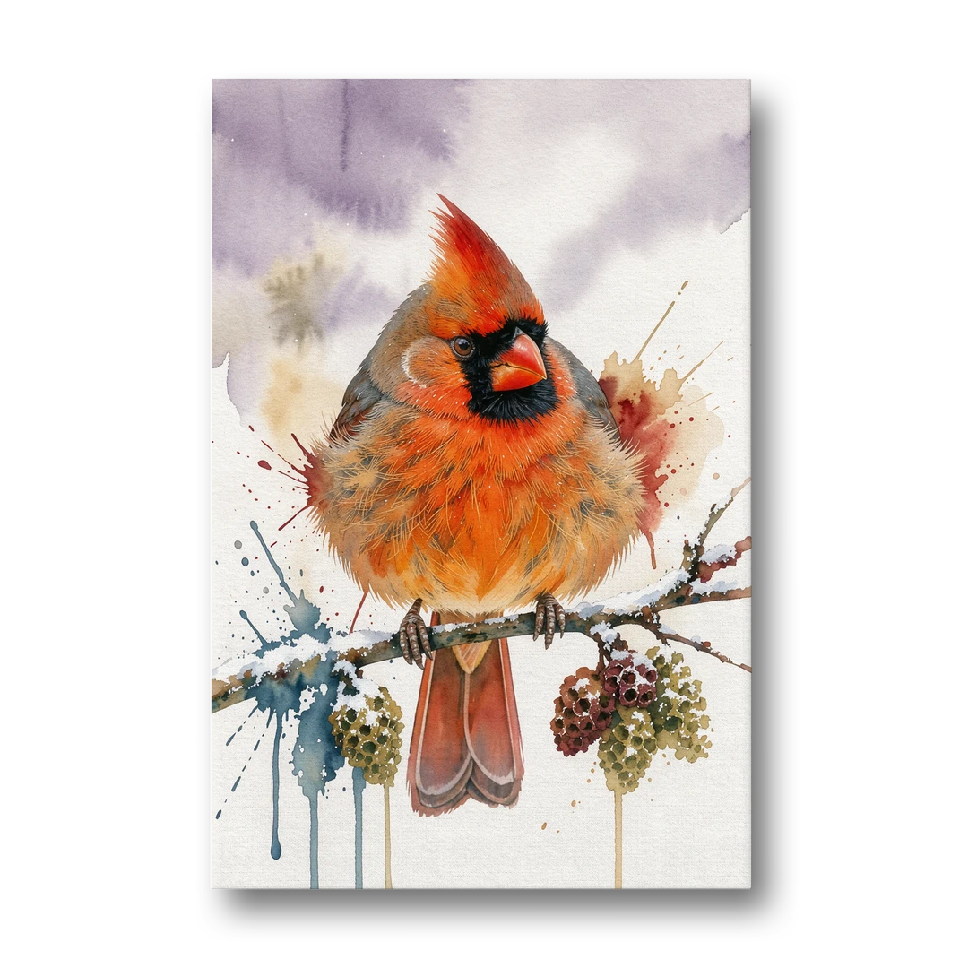 Fluffed Cardinal on a Snowy Alder Twig - Canvas Wall Art - Front