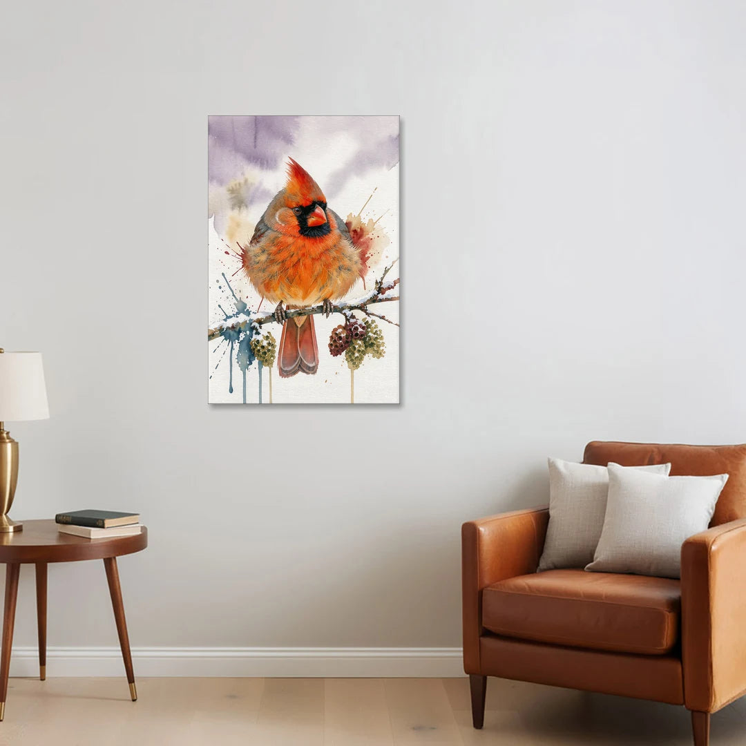 Fluffed Cardinal on a Snowy Alder Twig - Canvas Wall Art - Sofa - 24x36