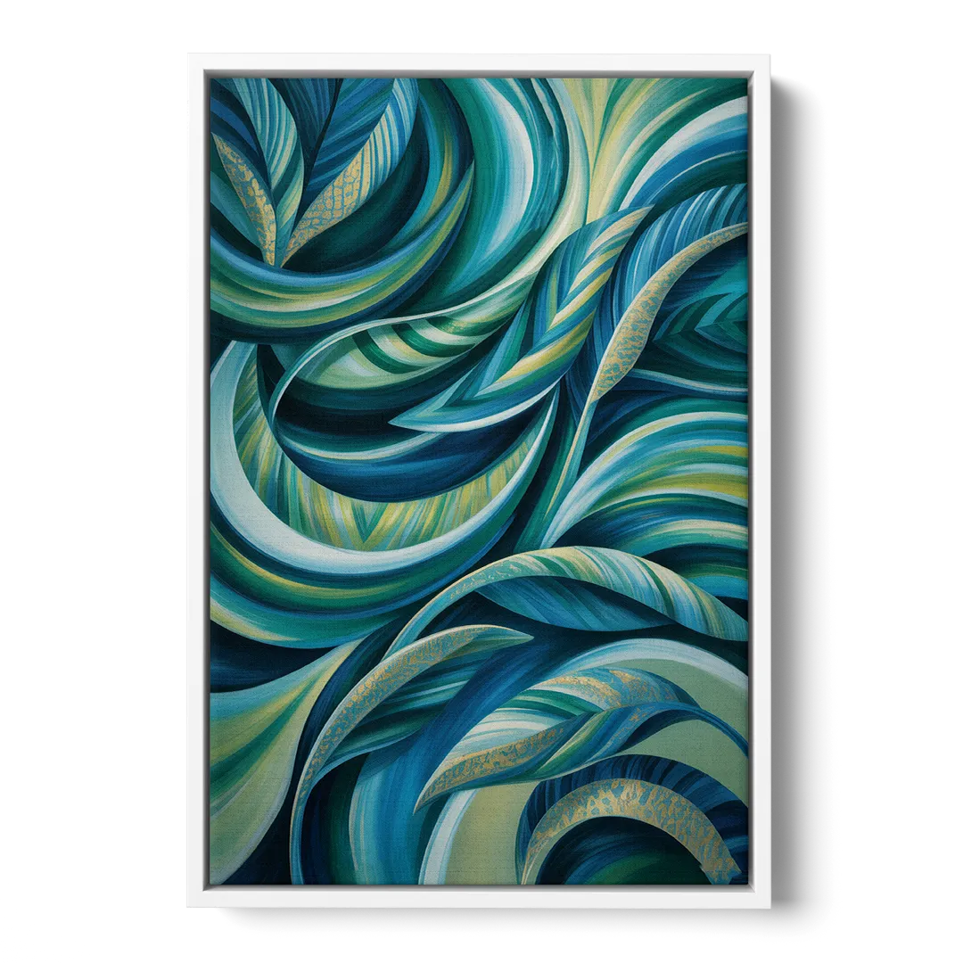 Fluid Elegance Blue and Green Abstract - White Frame Canvas
