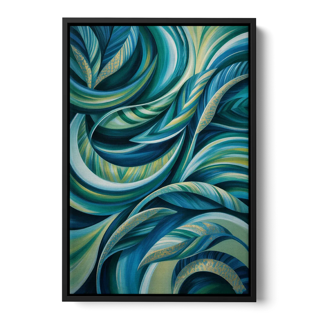 Fluid Elegance Blue and Green Abstract - Black Frame Canvas