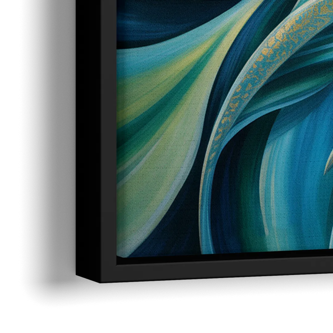 Fluid Elegance Blue and Green Abstract - Close-Up Black Frame Canvas
