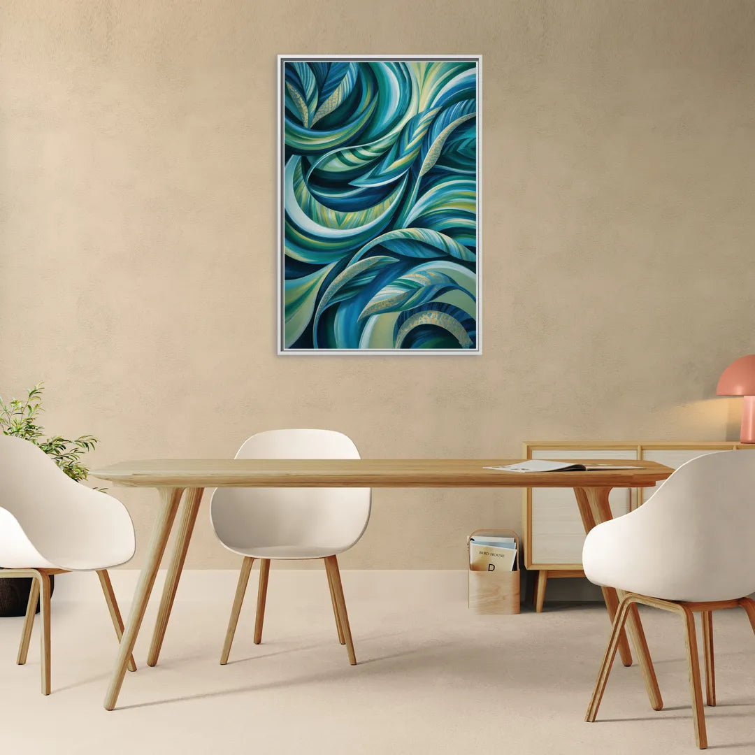 Fluid Elegance Blue and Green Abstract - Living Room White Frame Canvas