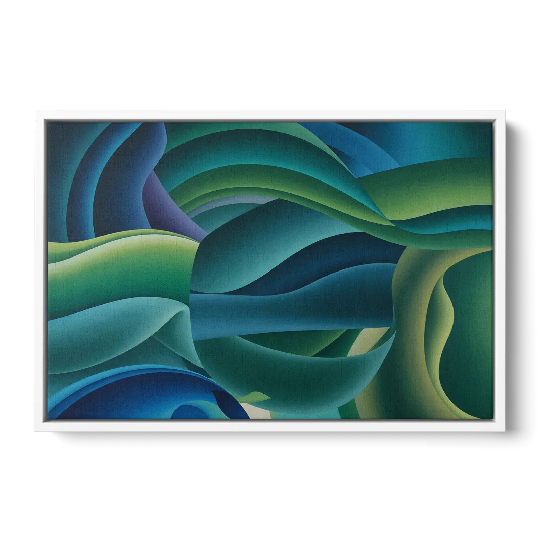 Fluid Harmony Blue and Green Abstract - White Frame Canvas