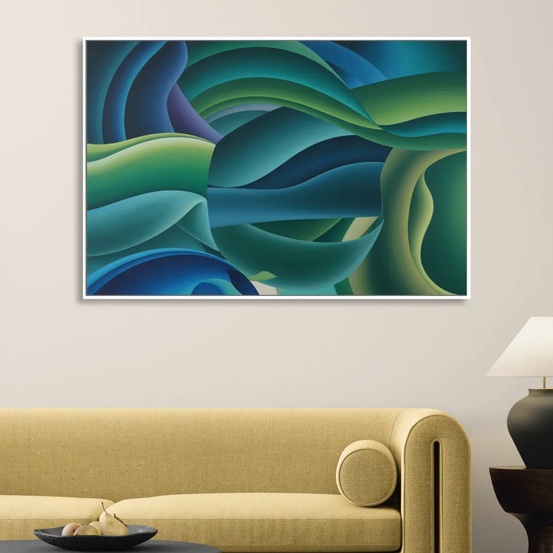 Fluid Harmony Blue and Green Abstract Living Room - White Canvas Wall Art