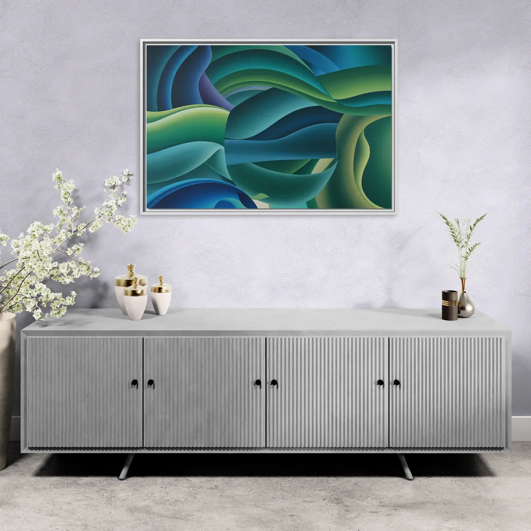 Fluid Harmony Blue and Green Abstract - Living Room White Frame Canvas