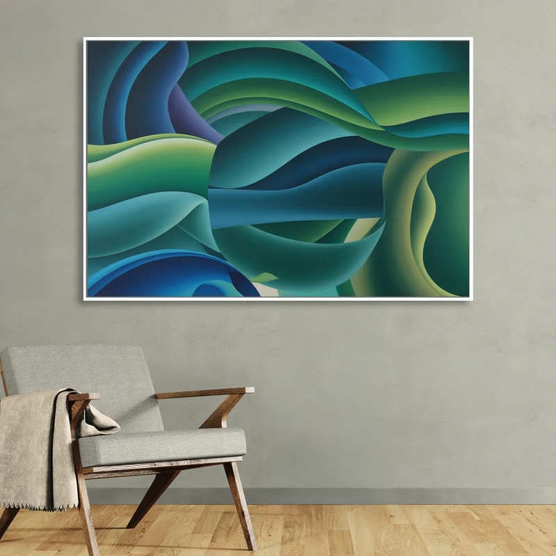Fluid Harmony Blue and Green Abstract Sitting Room - White Canvas Wall Art