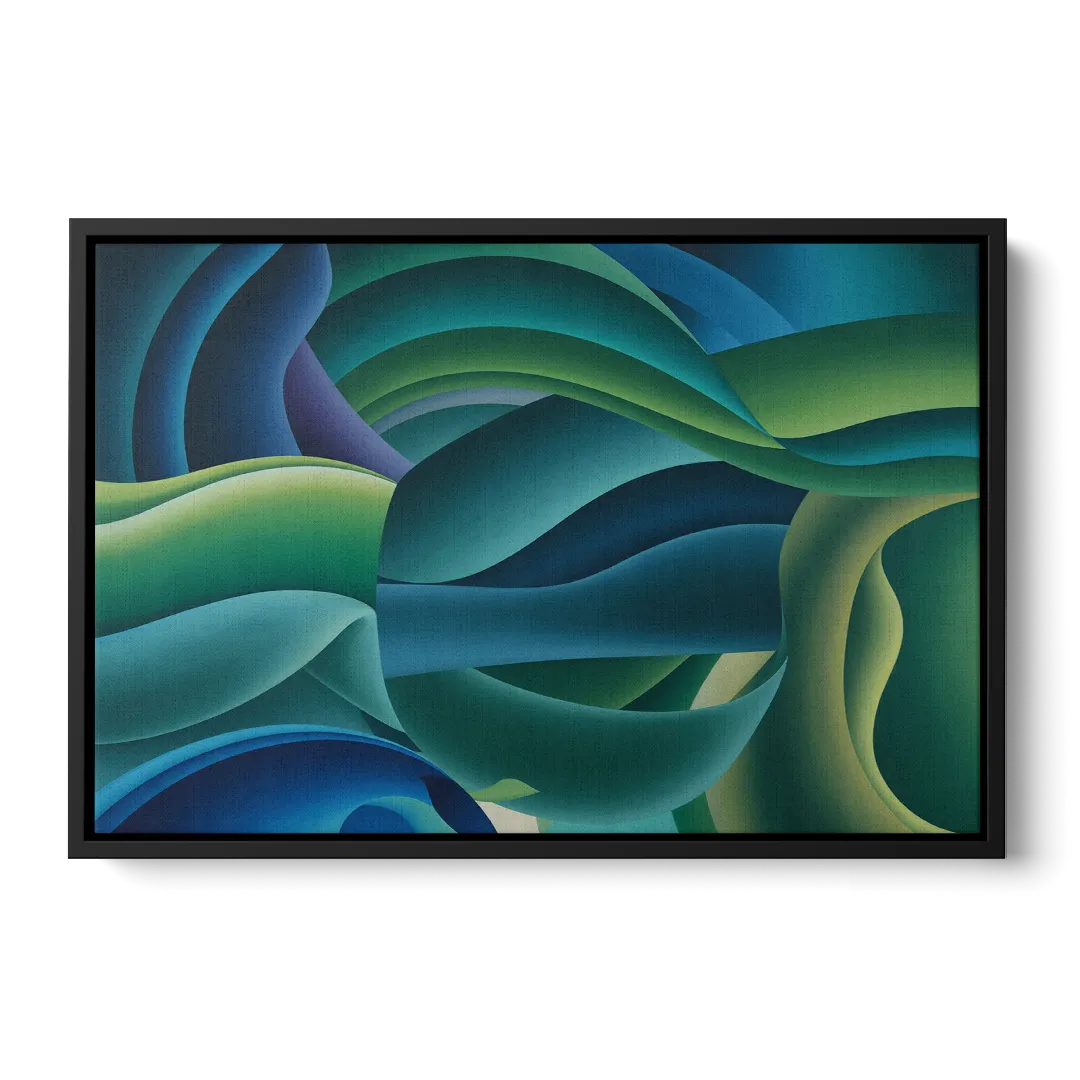 Fluid Harmony Blue and Green Abstract - Black Frame Canvas