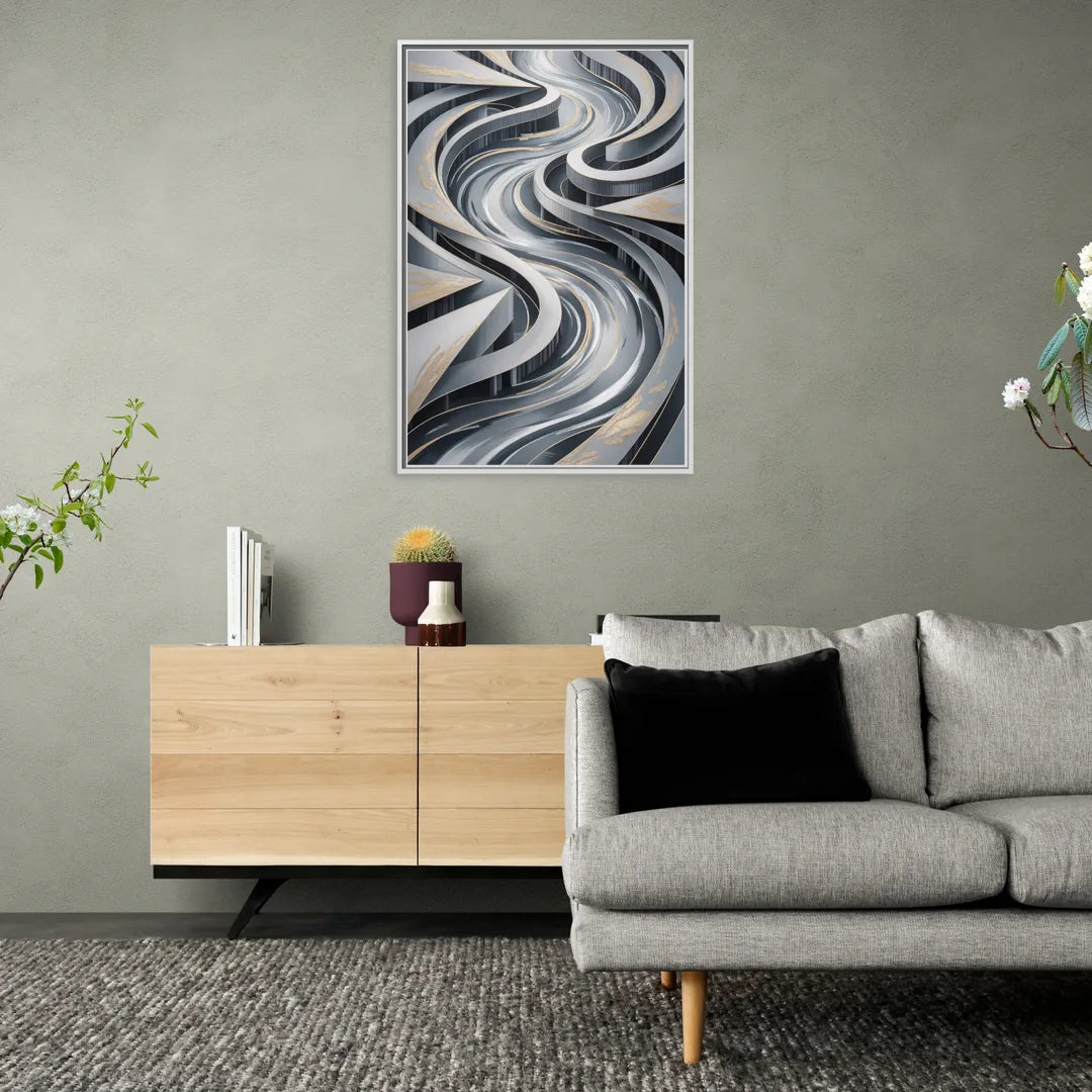 Fluid Harmony Grey Abstract - Living Room White Frame Canvas