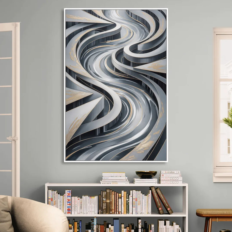 Fluid Harmony Grey Abstract Sitting Room - White Canvas Wall Art