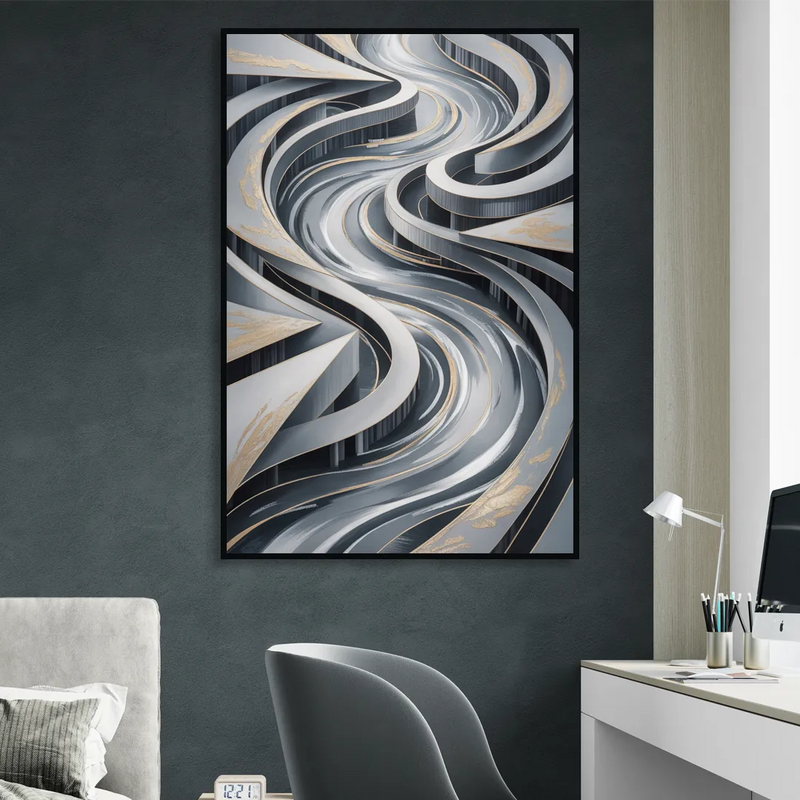 Fluid Harmony Grey Abstract Living Room - Black Canvas Wall Art