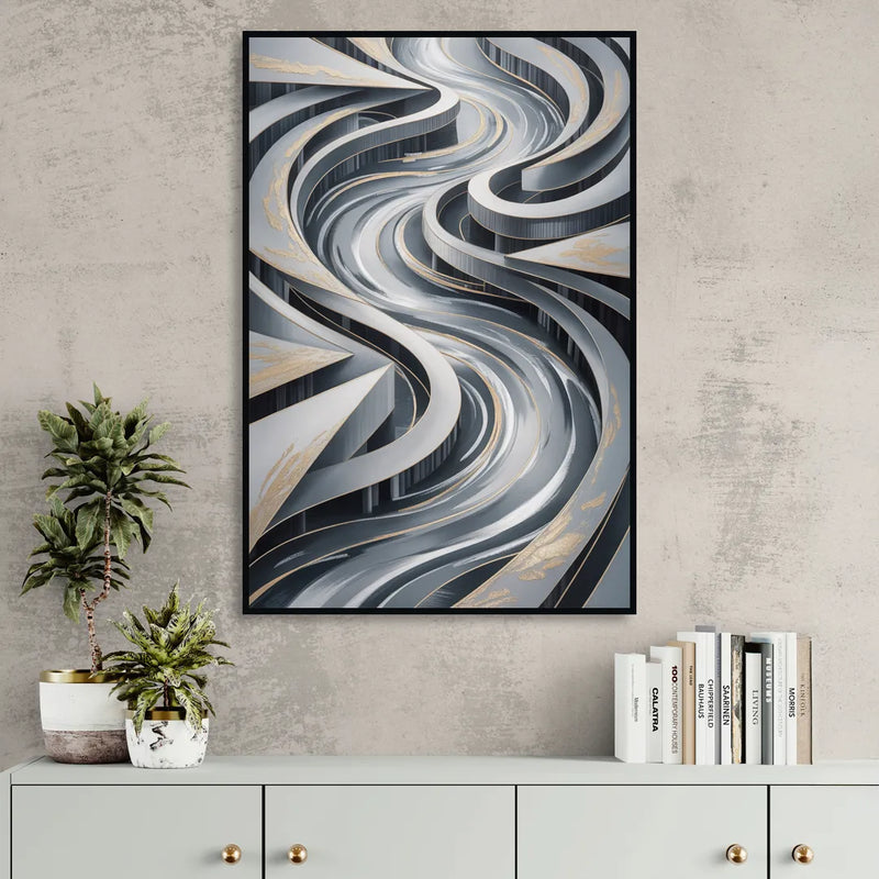 Fluid Harmony Grey Abstract Sitting Room - Black Canvas Wall Art