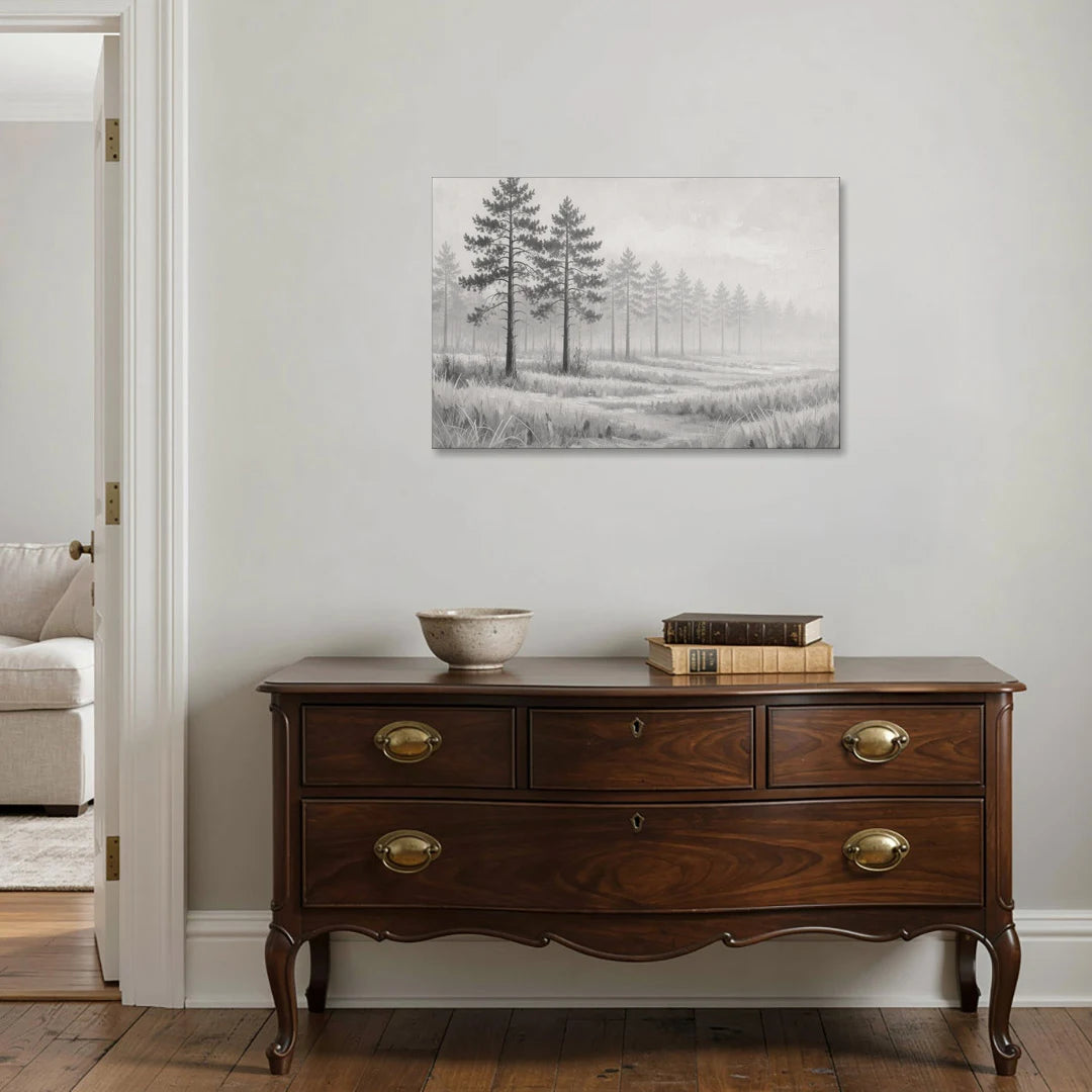 Foggy Forest Pines on Frosted Meadow for the Living Room - Canvas Wall Art - Coffee Table - 36x24