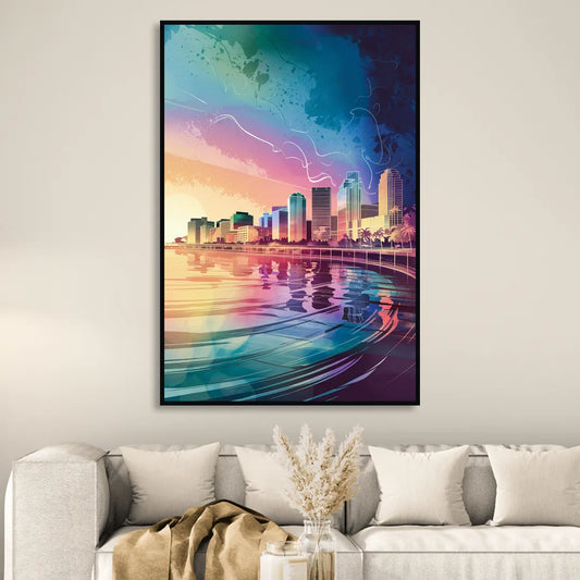 Fort Lauderdale Skyline Reflection Living Room - Black Canvas Wall Art