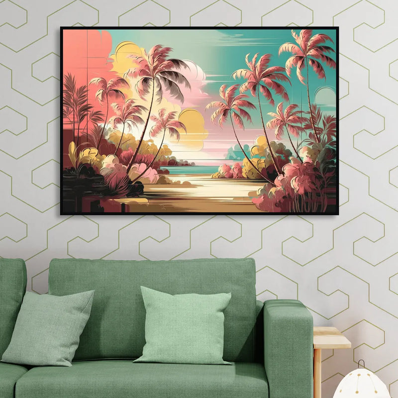 Fort Lauderdale Tropical Palm Trees Sitting Room - Black Canvas Wall Art