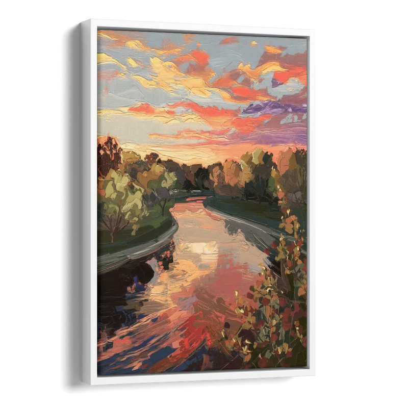 Fort Wayne Sunset Over River Side - White Canvas Wall Art