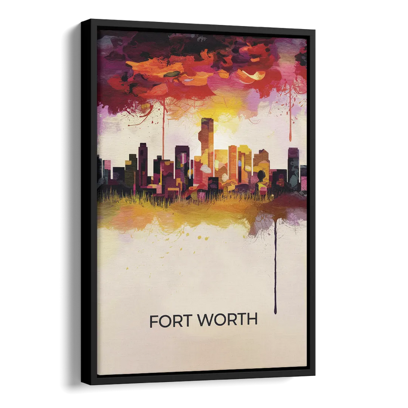 Fort Worth Cityscape at Sunset Side - Black Canvas Wall Art