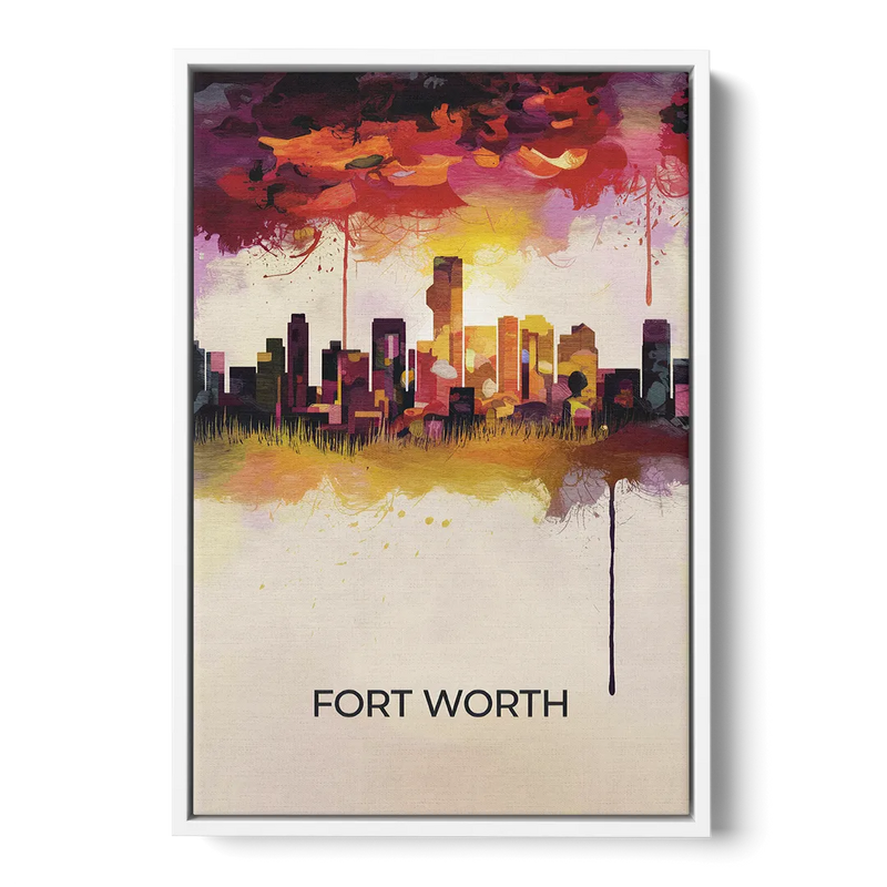Fort Worth Cityscape at Sunset Front - White Canvas Wall Art