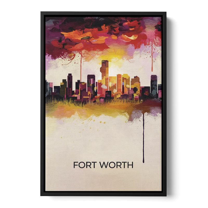 Fort Worth Cityscape at Sunset Front - Black Canvas Wall Art