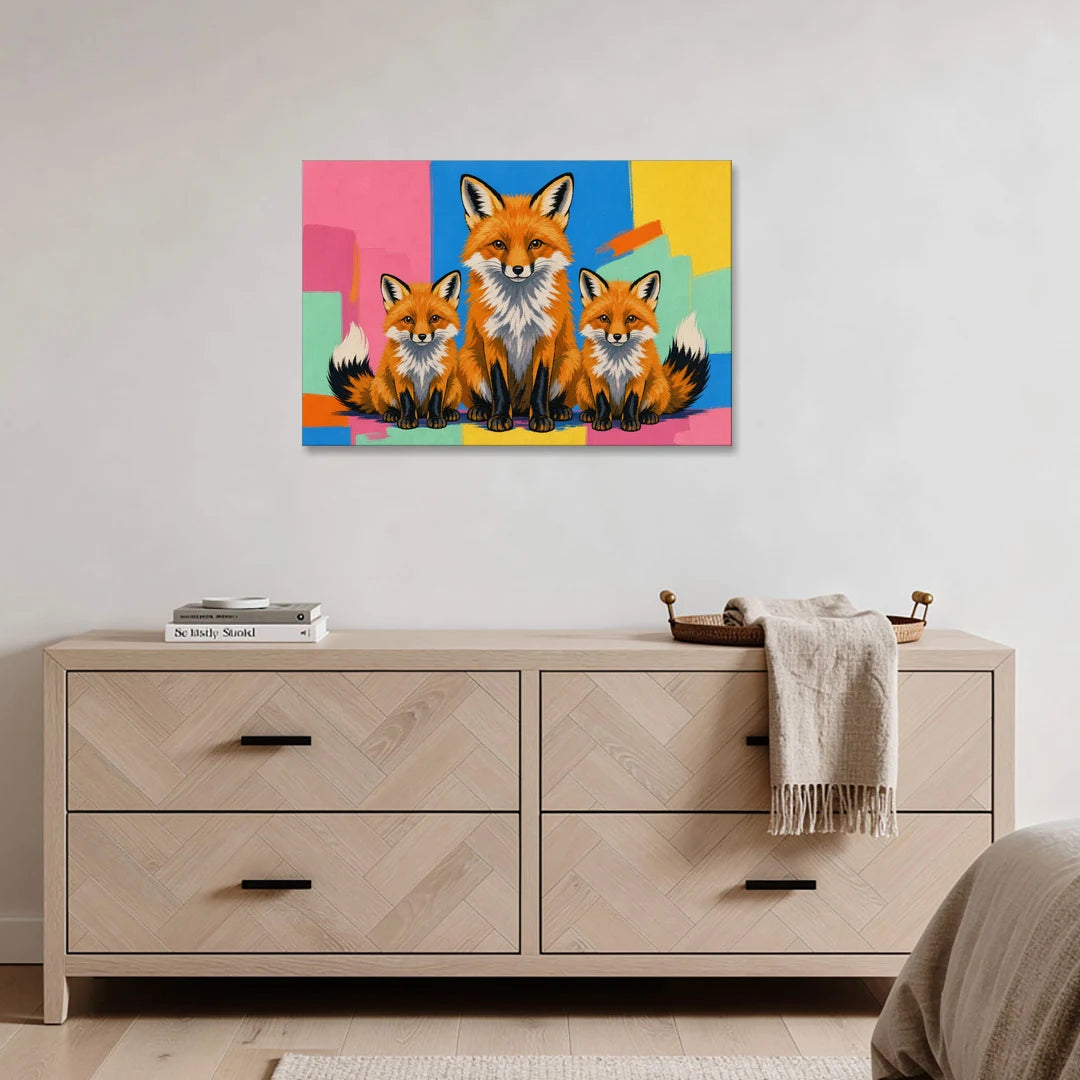 Fox Nursery Decor Mother and Two Cubs - Canvas Wall Art - Coffee Table - 36x24