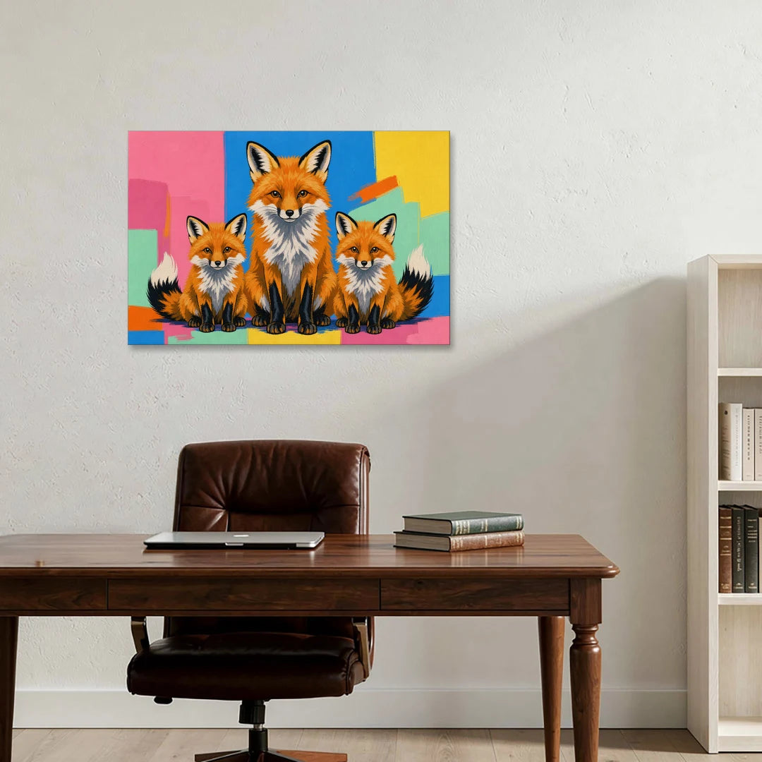 Fox Nursery Decor Mother and Two Cubs - Canvas Wall Art - Office - 36x24