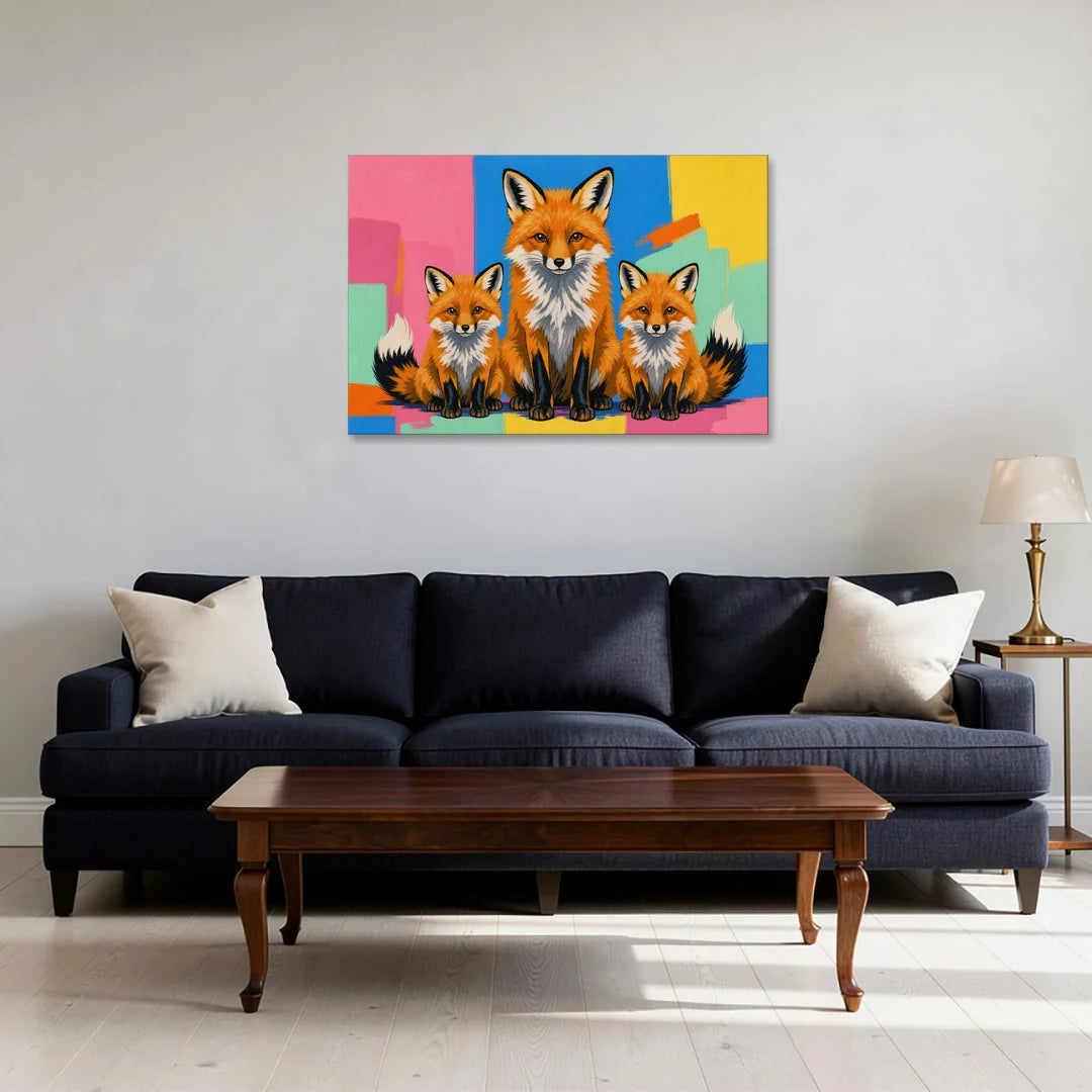 Fox Nursery Decor Mother and Two Cubs - Canvas Wall Art - Sofa - 36x24