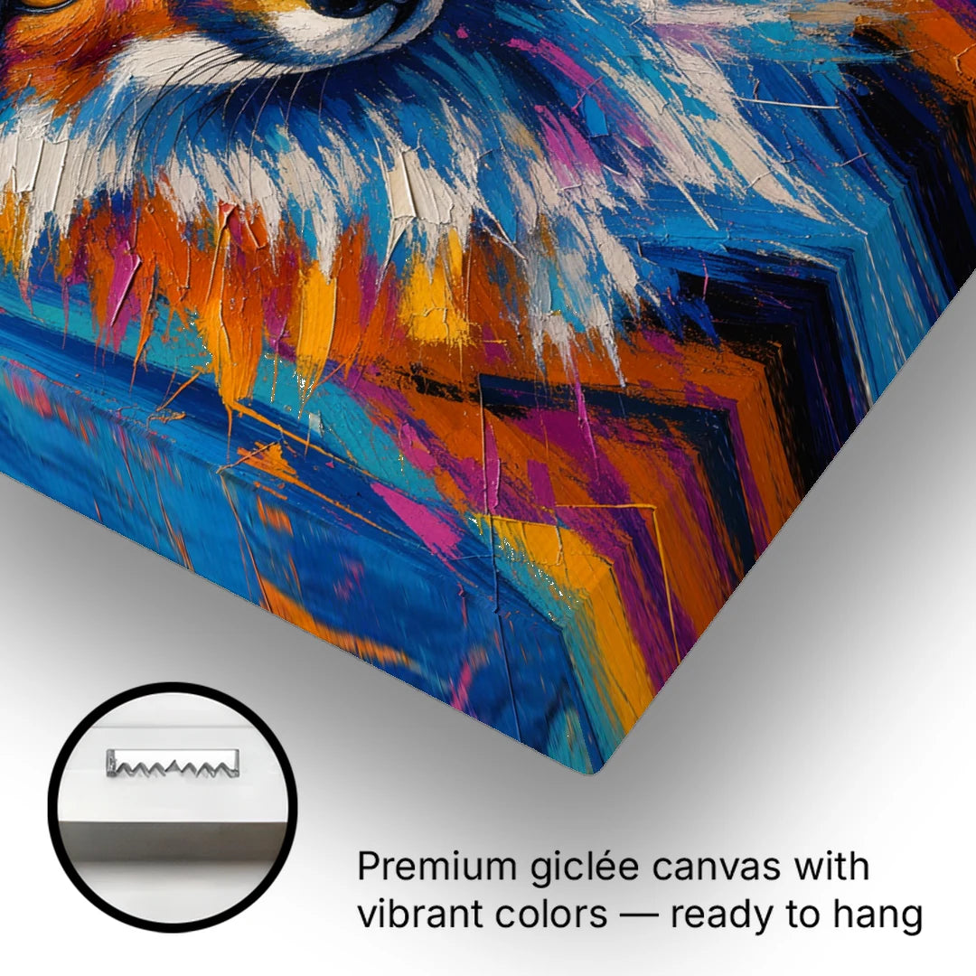 Fox Oil Painting in Electric Blue - Canvas Wall Art - Gallery Wrap Corner