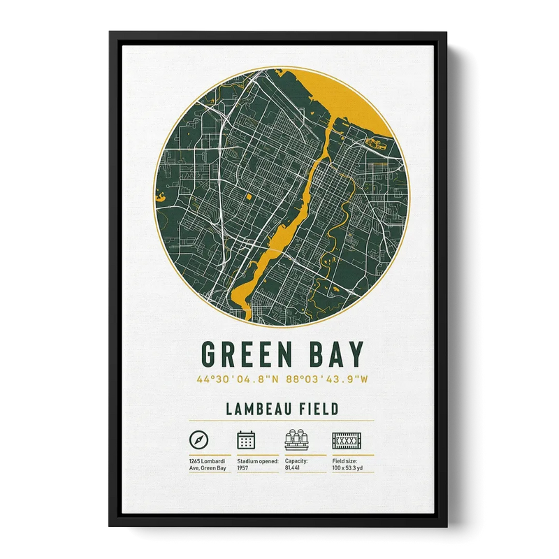 Green Bay Packers Lambeau Field Stadium Map Front - Black Canvas Wall Art