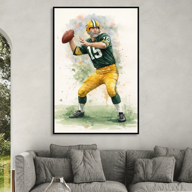 Green Bay Packers Watercolor - Bart Starr Sitting Room - Black Canvas Wall Art