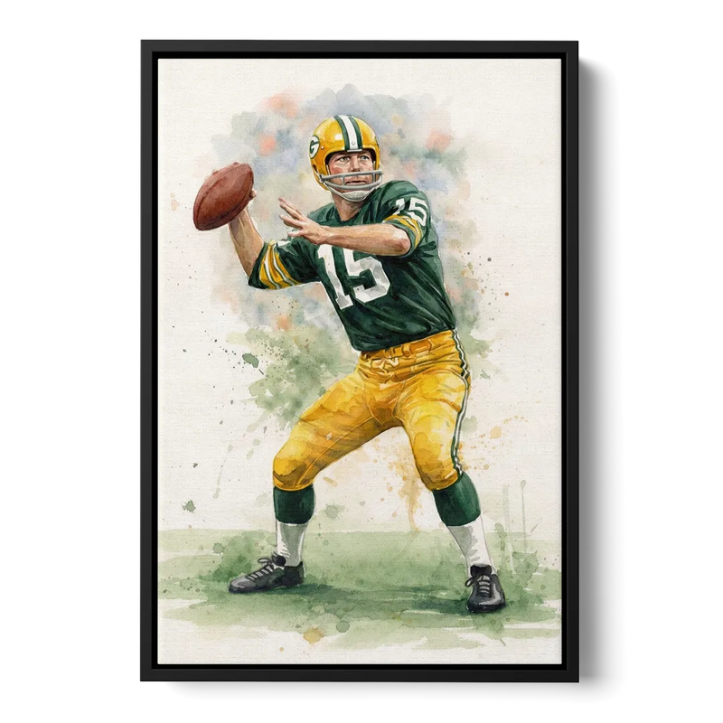 Green Bay Packers Watercolor - Bart Starr Front - Black Canvas Wall Art